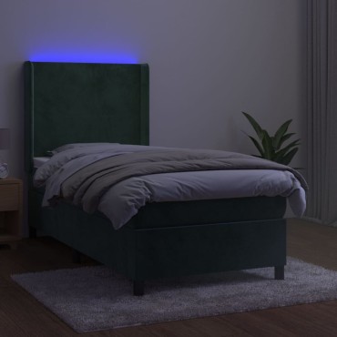 vidaXL Κρεβάτι Boxspring με Στρώμα & LED Σκ. Πράσινο 100x200cm Βελούδο 1 τεμ. - Μονό