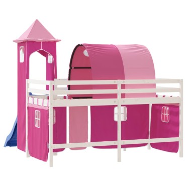 vidaXL Υπερυψωμένο Κρεβάτι με Πύργο Ροζ 80x200cm Μασίφ Ξύλο Πεύκου 1 τεμ. - Μονό