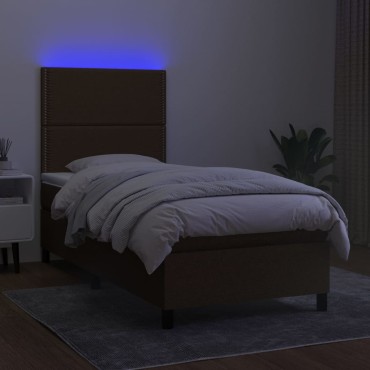 vidaXL Κρεβάτι Boxspring με Στρώμα & LED Σκ.Καφέ 80x200cm Υφασμάτινο 1 τεμ. - Μονό