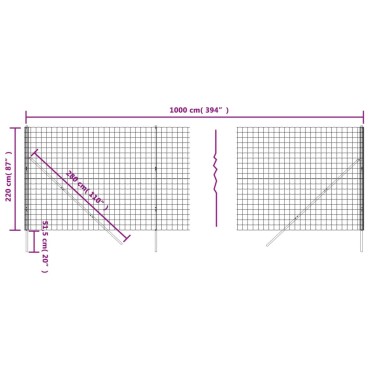 vidaXL Συρματόπλεγμα Περίφραξης Ανθρακί 2,2x10 μ. Γαλβανισμένο Ατσάλι