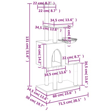 vidaXL Γατόδεντρο Κρεμ 131 εκ. με Στύλους Ξυσίματος από Σιζάλ