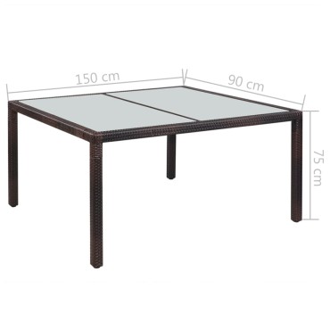 vidaXL Τραπέζι Κήπου Καφέ 150x90x75cm Συνθετικό Ρατάν / Γυαλί 1 τεμ.