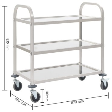 vidaXL Τρόλεϊ Κουζίνας με 3 Ράφια 95x45x83,5cm από Ανοξείδωτο Ατσάλι 1 τεμ.