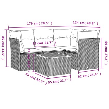 vidaXL Σετ Καναπέ Κήπου 5 τεμ. Μαύρο Συνθετικό Ρατάν με Μαξιλάρια 55x55cm