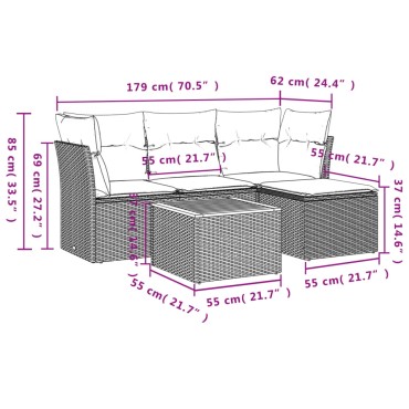 vidaXL Σετ Καναπέ Κήπου 5 τεμ. Μαύρο Συνθετικό Ρατάν με Μαξιλάρια 55x55cm