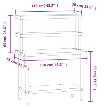 vidaXL Πάγκος Εργασίας Κουζίνας με Ράφι 110x55x150 εκ. Ανοξείδ. Ατσάλι