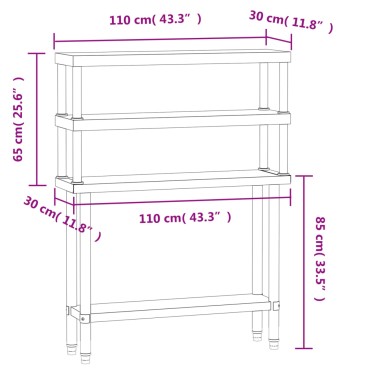 vidaXL Πάγκος Εργασίας Κουζίνας με Ράφι 110x30x150 εκ. Ανοξείδ. Ατσάλι