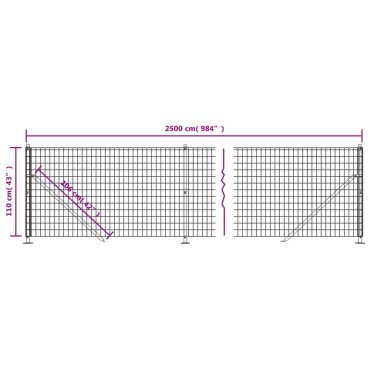 vidaXL Συρματόπλεγμα Περίφραξης Ανθρακί 1,1 x 25 μ. με Βάσεις Φλάντζα