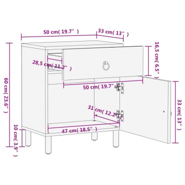 vidaXL Κομοδίνο 50x33x60cm από Μασίφ Ξύλο Μάνγκο 1 τεμ.