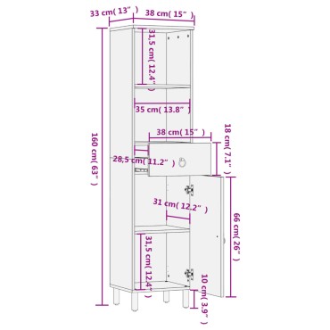 vidaXL Ντουλάπι Μπάνιου 38x33x160cm από Μασίφ Ξύλο Μάνγκο 1 τεμ.