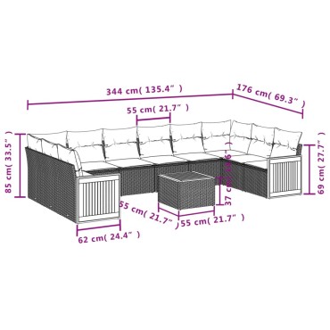 vidaXL Σαλόνι Κήπου Σετ 11 τεμ. Μαύρο Συνθετικό Ρατάν με Μαξιλάρια 55x55cm