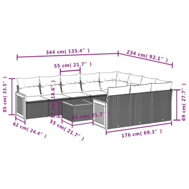 vidaXL Σαλόνι Κήπου Σετ 11 τεμ. Μαύρο Συνθετικό Ρατάν με Μαξιλάρια 55x55cm