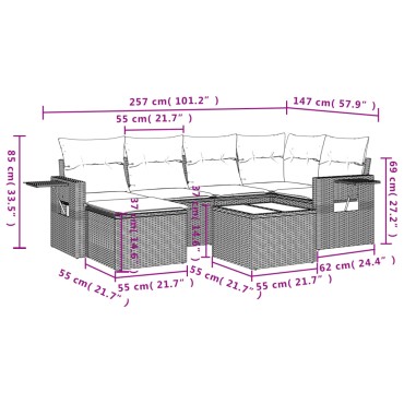 vidaXL Καναπές Σετ 7 τεμ. Μαύρο Συνθετικό Ρατάν με Μαξιλάρια 55x55cm