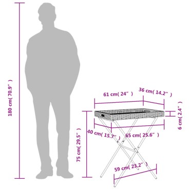 vidaXL Τραπέζι Δίσκος Πτυσσόμενο Γκρι 65x40x75cm Συνθετικό Ρατάν 1 τεμ.