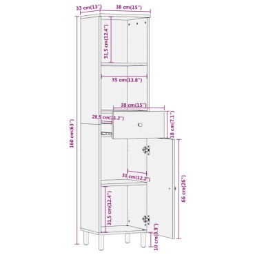 vidaXL Ντουλάπι Μπάνιου 38x33x160cm από Μασίφ Ξύλο Μάνγκο 1 τεμ.