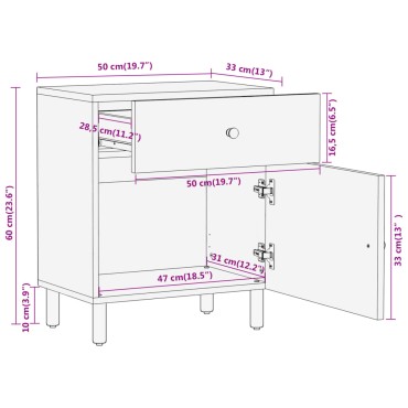 vidaXL Κομοδίνο 50x33x60cm από Μασίφ Ξύλο Μάνγκο 1 τεμ.