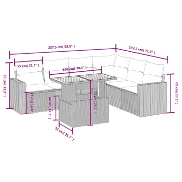 vidaXL Καναπές Σετ 7 τεμ. Μαύρο Συνθετικό Ρατάν με Μαξιλάρια 55x55cm