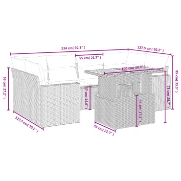 vidaXL Καναπές Σετ 7 τεμ. Μαύρο Συνθετικό Ρατάν με Μαξιλάρια 55x55cm