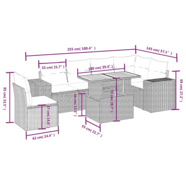 vidaXL Καναπές Σετ 7 τεμ. Μαύρο Συνθετικό Ρατάν με Μαξιλάρια 55x55cm