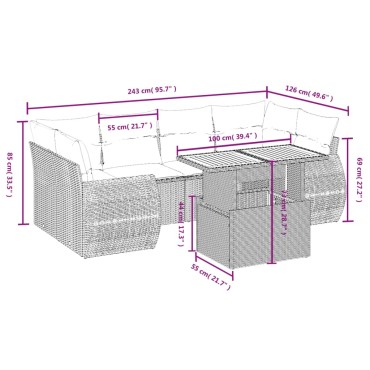 vidaXL Καναπές Σετ 7 τεμ. Μαύρο Συνθετικό Ρατάν με Μαξιλάρια 55x55cm