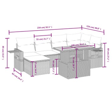 vidaXL Καναπές Σετ 7 τεμ. Μαύρο Συνθετικό Ρατάν με Μαξιλάρια 55x55cm