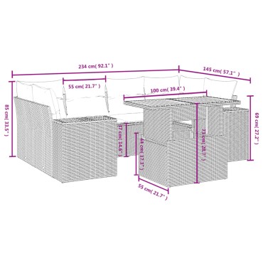 vidaXL Καναπές Σετ 7 τεμ. Μαύρο Συνθετικό Ρατάν με Μαξιλάρια 55x55cm