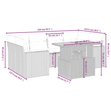 vidaXL Καναπές Σετ 7 τεμ. Μαύρο Συνθετικό Ρατάν με Μαξιλάρια 55x55cm