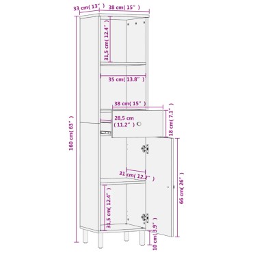 vidaXL Ντουλάπι Μπάνιου Μαύρο 38x33x160cm από Μασίφ Ξύλο Μάνγκο 1 τεμ.