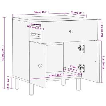 vidaXL Κομοδίνο Μαύρο 50x33x60cm από Μασίφ Ξύλο Μάνγκο 1 τεμ.