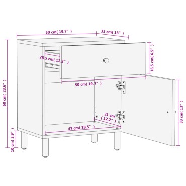 vidaXL Κομοδίνο Μαύρο 50x33x60cm από Μασίφ Ξύλο Μάνγκο 1 τεμ.