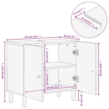 vidaXL Ντουλάπι Μπάνιου Μαύρο 62x33x58cm από Μασίφ Ξύλο Μάνγκο 1 τεμ.