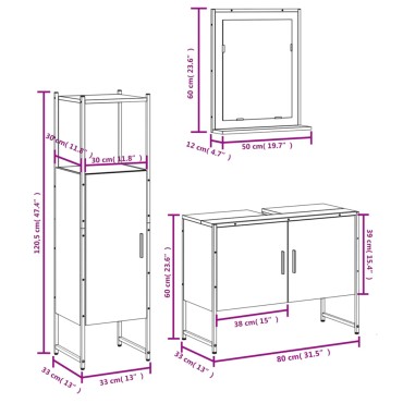 vidaXL Σετ Επίπλων Μπάνιου 3 τεμ. Γκρι Sonoma Επεξεργασμένο Ξύλο 80x33x60cm