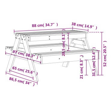 vidaXL Τραπέζι Πικνίκ για Παιδιά 88x97x52cm Λευκό Μασίφ Ξύλο Πεύκου 1 τεμ.