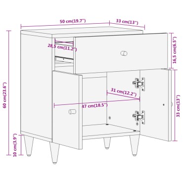 vidaXL Κομοδίνο 50x33x60cm από Μασίφ Ξύλο Μάνγκο 1 τεμ.