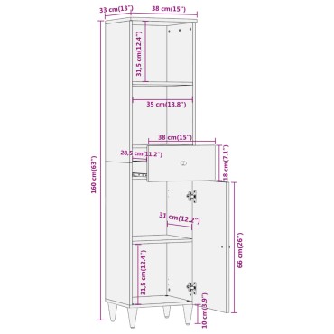 vidaXL Ντουλάπι Μπάνιου 38x33x160cm από Μασίφ Ξύλο Μάνγκο 1 τεμ.