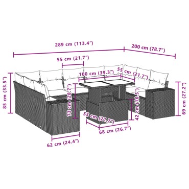 vidaXL Σαλόνι Κήπου Σετ 10 τεμ. Μαύρο Συνθετικό Ρατάν με Μαξιλάρια 55x55cm