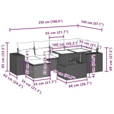 vidaXL Καναπές Σετ 7 τεμ. Μαύρο Συνθετικό Ρατάν με Μαξιλάρια 55x55cm