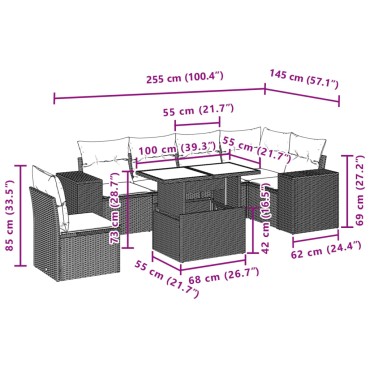 vidaXL Καναπές Σετ 7 τεμ. Μαύρο Συνθετικό Ρατάν με Μαξιλάρια 55x55cm