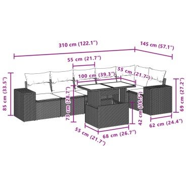 vidaXL Καναπές Σετ 7 τεμ. Μαύρο Συνθετικό Ρατάν με Μαξιλάρια 55x55cm