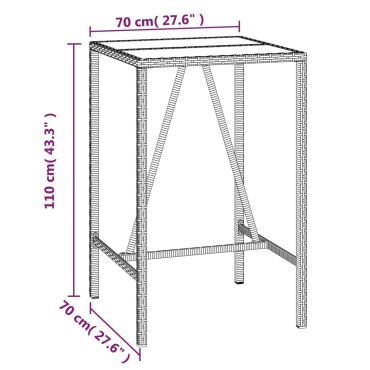 vidaXL Τραπέζι Μπαρ με Γυάλ. Επιφάνεια Μαύρο 70x70x110cm Συνθ. Ρατάν 1 τεμ.