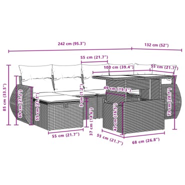 vidaXL Καναπές Σετ 7 τεμ. Μαύρο Συνθετικό Ρατάν με Μαξιλάρια 55x55cm