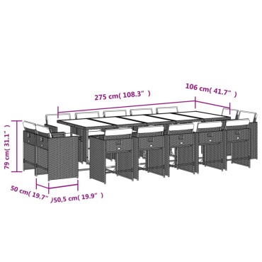 vidaXL Σετ Τραπεζαρίας Κήπου 15 τεμ. Γκρι Συνθετικό Ρατάν με Μαξιλάρια 45,5x38cm