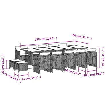 vidaXL Σετ Τραπεζαρίας Κήπου 15 τεμ. Γκρι Συνθετικό Ρατάν με Μαξιλάρια 45,5x38cm