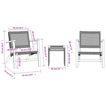 vidaXL Σετ Επίπλων Bistro 3 τεμ. Μαύρο Συνθετικό Ρατάν / Ξύλο Ακακίας 54x40cm