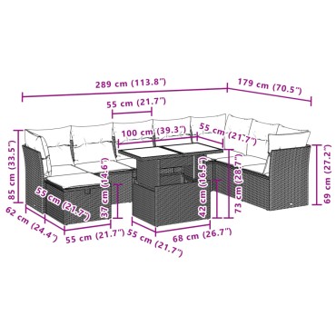 vidaXL Σαλόνι Κήπου Σετ 9 τεμ. Γκρι Συνθετικό Ρατάν με Μαξιλάρια 55x55cm