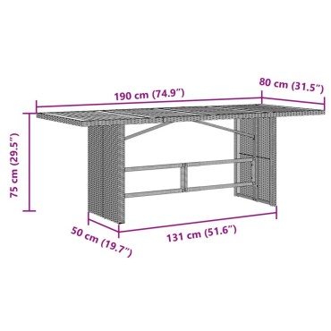 vidaXL Τραπέζι Κήπου Γυάλινη Επιφάνεια Μπεζ 190x80x75cm Συνθ. Ρατάν 1 τεμ.