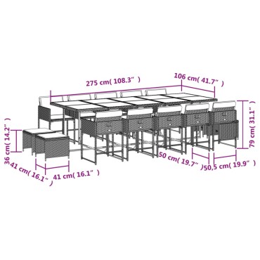 vidaXL Σετ Τραπεζαρίας Κήπου 15 τεμ. Καφέ από Συνθ. Ρατάν με Μαξιλάρια 45,5x38cm