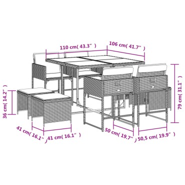 vidaXL Σετ Τραπεζαρίας Κήπου 9 τεμ. Καφέ Συνθετικό Ρατάν με Μαξιλάρια 45,5x38cm