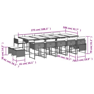 vidaXL Σετ Τραπεζαρίας Κήπου 15 τεμ. Γκρι Συνθετικό Ρατάν με Μαξιλάρια 45,5x38cm