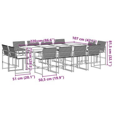 vidaXL Σετ Τραπεζαρίας Κήπου 13 τεμ. Μαύρο από Συνθ. Ρατάν με Μαξιλάρια 46x38cm